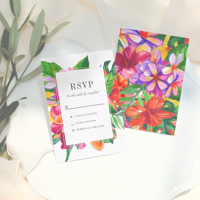 Hibiscus, Plumeria & Palm Modern Wedding RSVP Invitation (Creator Uploaded)