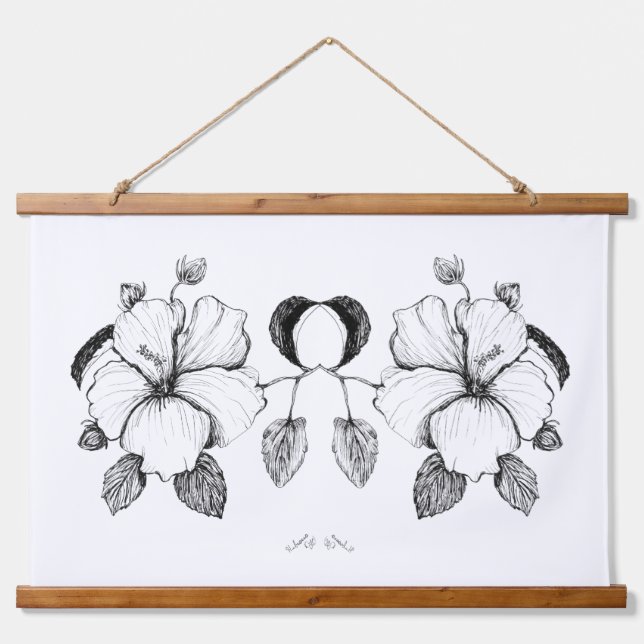 Hibiscus Poster B&W Ink Drawing Hanging Tapestry (Front)