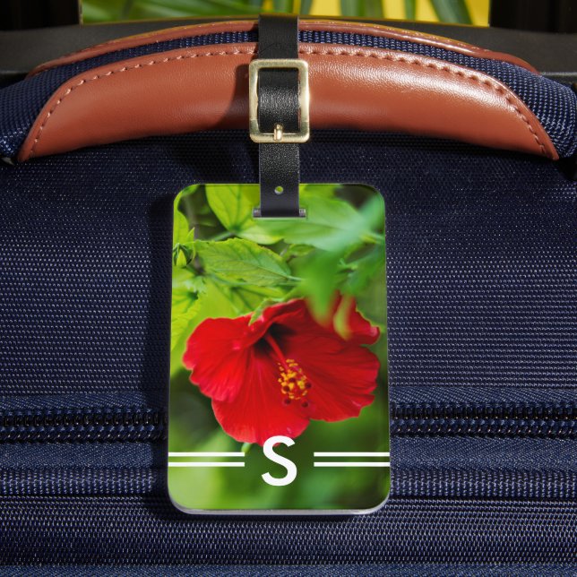 Hibiscus Red Hawaii Tropical Flower + Initials Luggage Tag (Front Insitu 2)