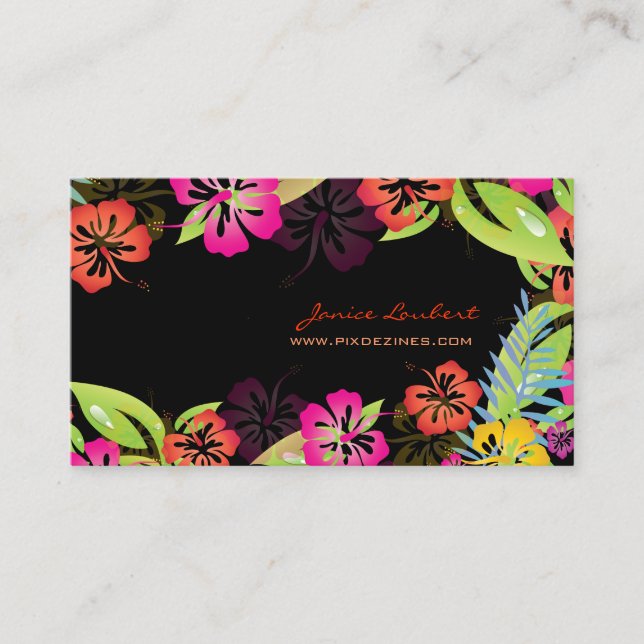 Hibiscus, Retro bold tropical flowers Business Card (Front)