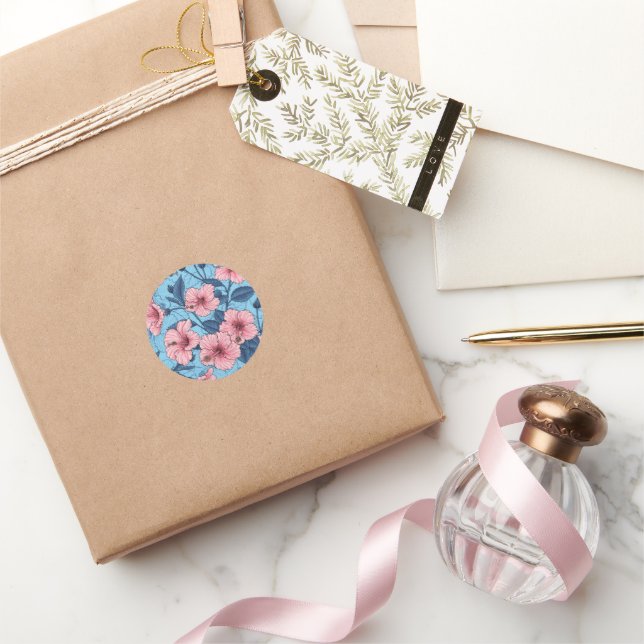 Hibiscus Tropical Floral Pattern Classic Round Sticker (Gifting)