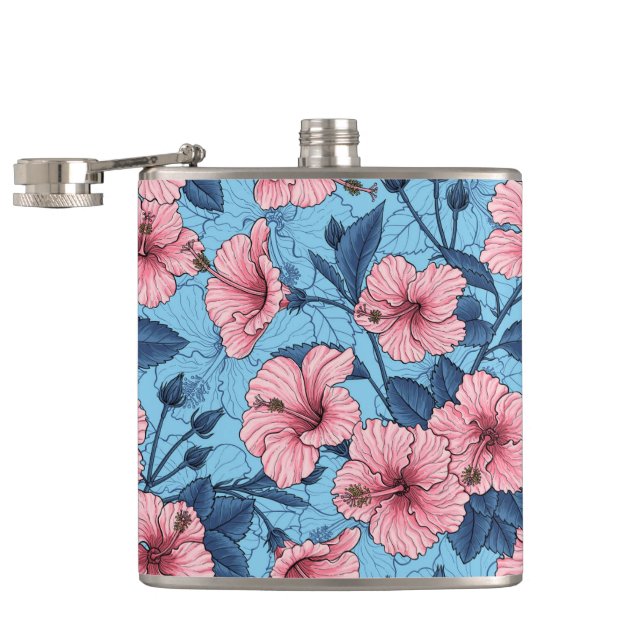 Hibiscus Tropical Floral Pattern Hip Flask (Opened)