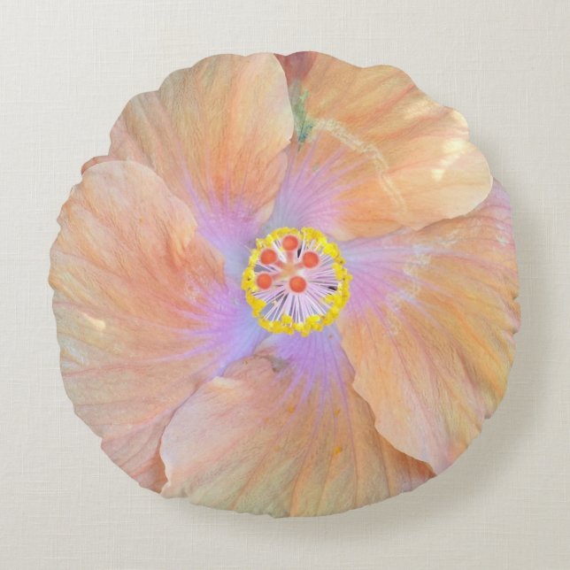 Hibiscus tropical flower pink and gold cute summer round cushion (Front)