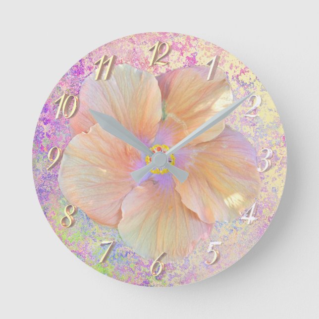 Hibiscus tropical flower pink gold purple cute round clock (Front)