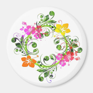 Hibiscus tropical flower wreath green pink yellow magnet