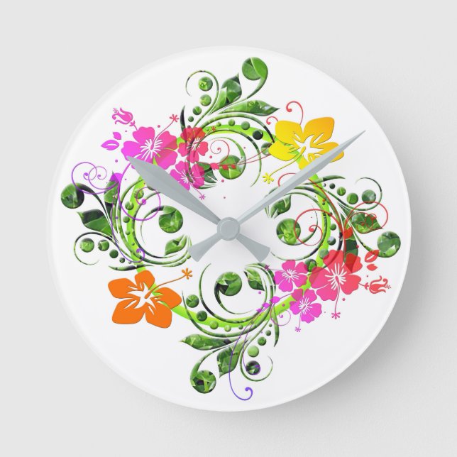 Hibiscus tropical flower wreath round clock (Front)