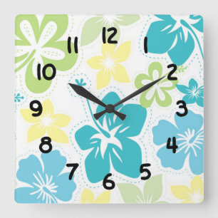 Hibiscus tropical hawaiian flowers floral decor square wall clock