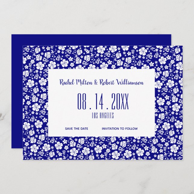 Hibiscus Tropical Navy Blue Wedding Save The Date (Front/Back)
