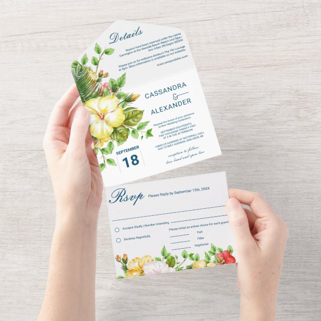 Hibiscus Tropical Wedding All In One Invitation (Tearaway)