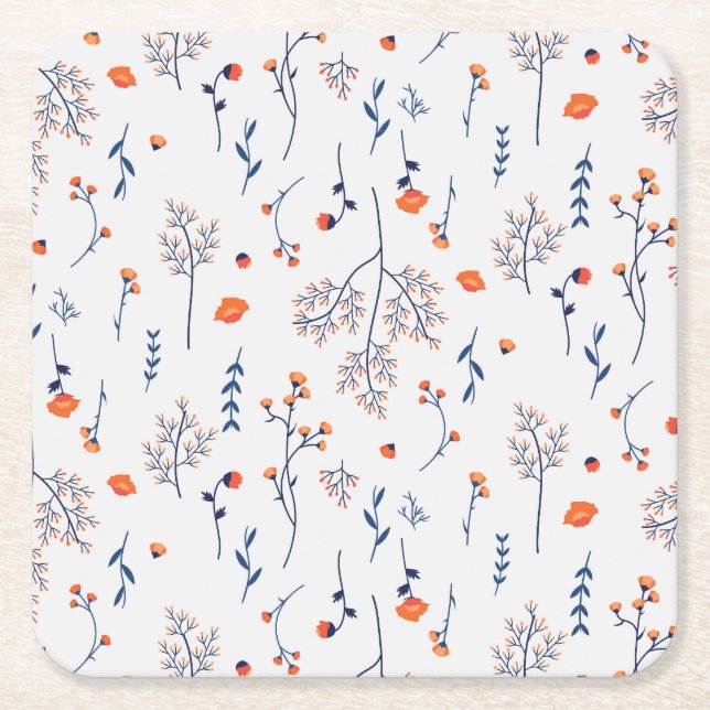 Hibiscus Watercolor Botanical Blooming Seamless Square Paper Coaster (Front)