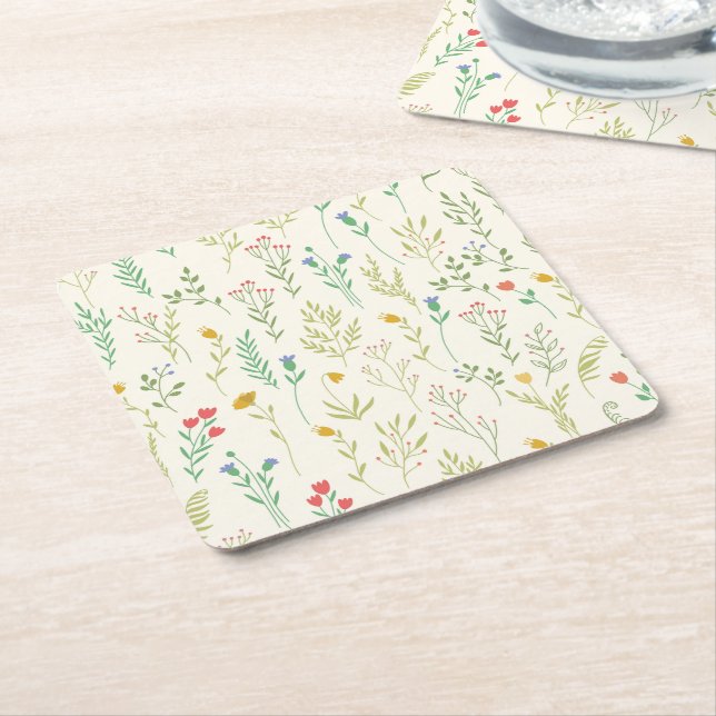 Hibiscus Watercolor Botanical Blooming Seamless Square Paper Coaster (Angled)