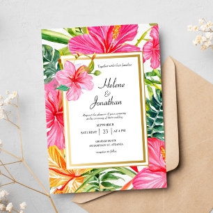 Hibiscus Watercolor Tropical Destination Wedding Invitation