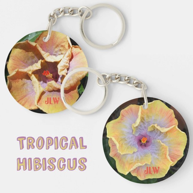 Hibiscus Yellow and Lilac Flowers with Initials Key Ring (Creator Uploaded)