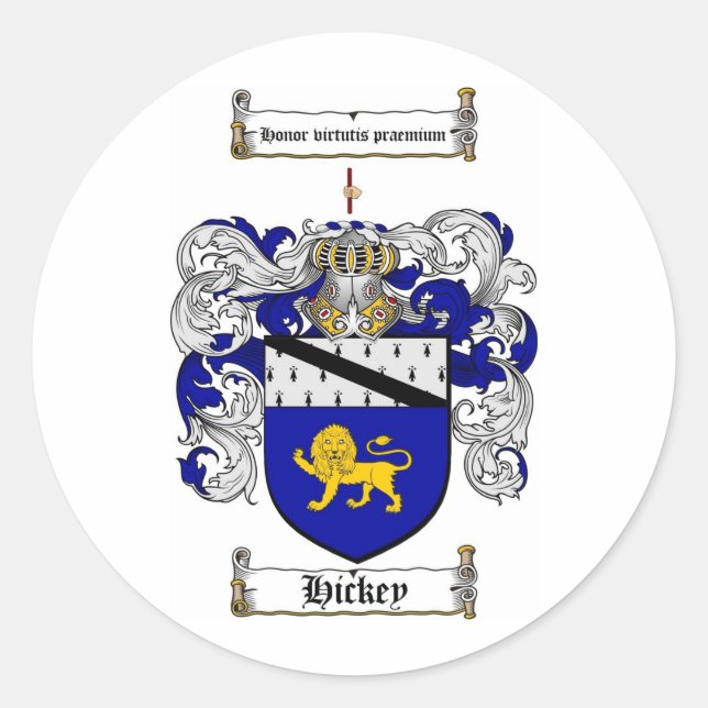 HICKEY FAMILY CREST -  HICKEY COAT OF ARMS CLASSIC ROUND STICKER (Front)