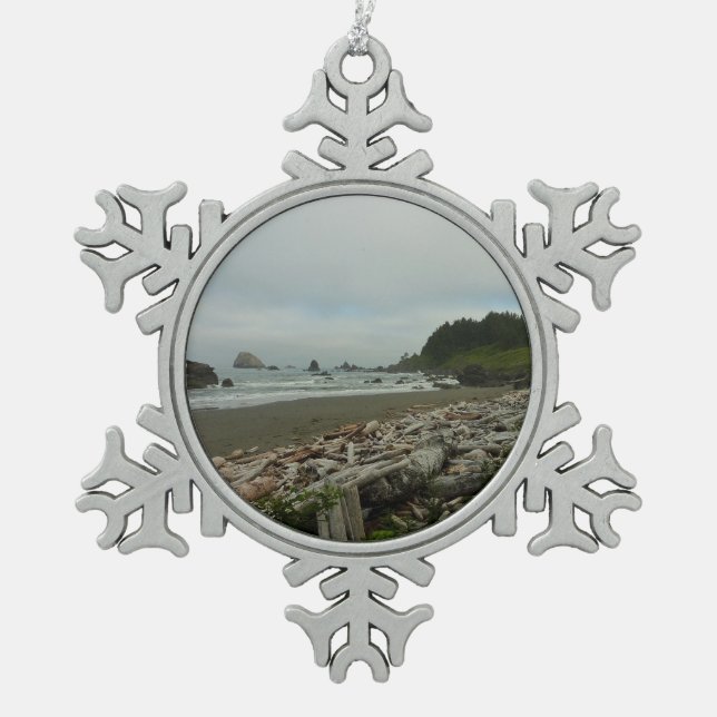 Hidden Beach I at Redwood National Park Snowflake Pewter Christmas Ornament (Front)