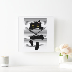 Hidden Black Cat Cute Funny Minimalist Animal Love Square Wall Clock