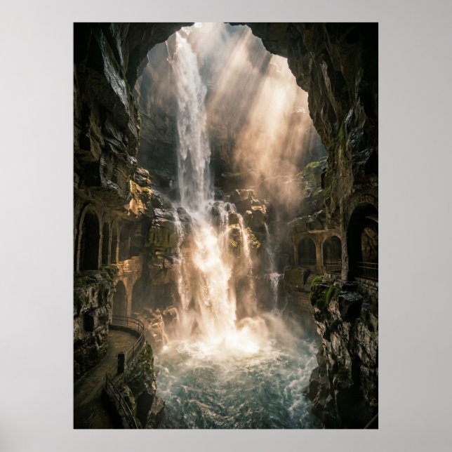 Hidden Cave Waterfall Sunlight Rays Poster (Front)