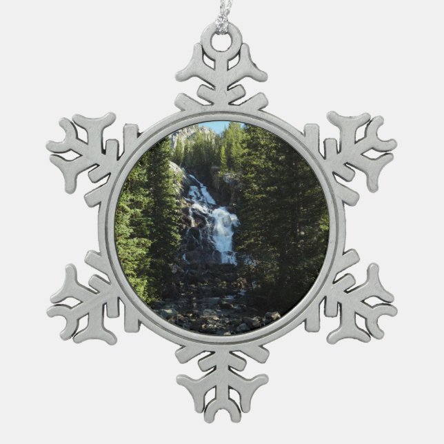 Hidden Falls in Grand Teton National Park Snowflake Pewter Christmas Ornament (Front)