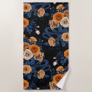 Hidden in the roses, orange and blue beach towel