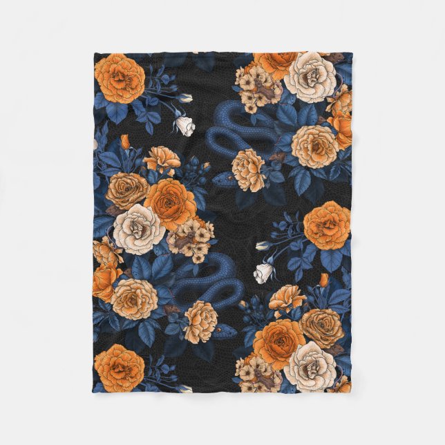 Hidden in the roses, orange and blue fleece blanket (Front)