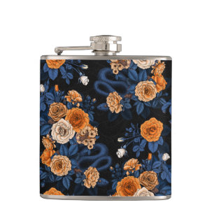 Hidden in the roses, orange and blue hip flask