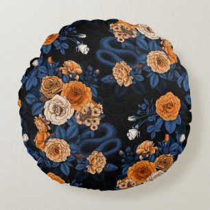 Hidden in the roses, orange and blue round cushion