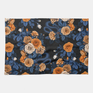 Hidden in the roses, orange and blue tea towel