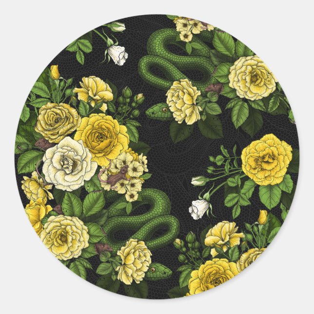 Hidden in the roses,yellow and green classic round sticker (Front)