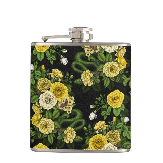 Hidden in the roses,yellow and green hip flask (Front)