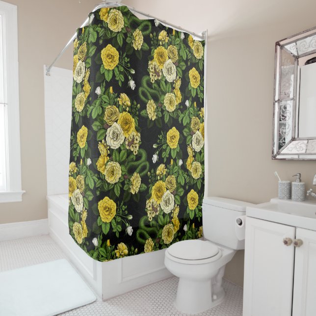 Hidden in the roses, yellow and green shower curtain (In Situ)