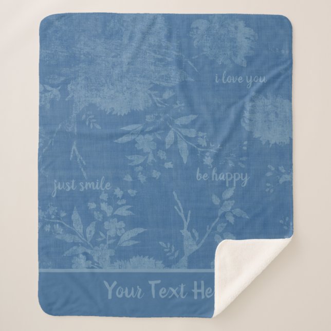 Hidden Messages Pretty Blue Floral Sherpa Blanket (Front)