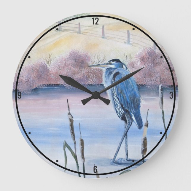 Hidden Valley Blue Heron Pastel Gallery Lake Art Large Clock (Front)