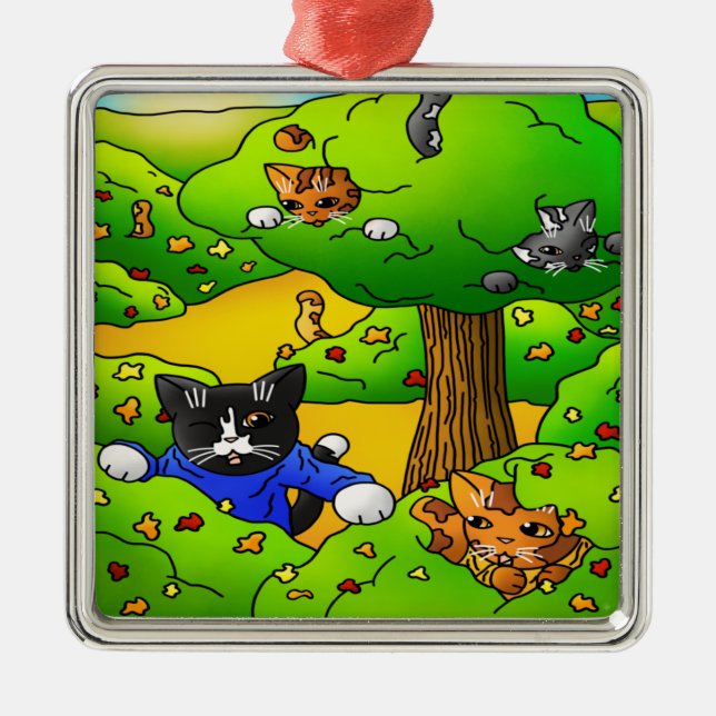 Hide and Seek Cats Metal Tree Decoration (Front)
