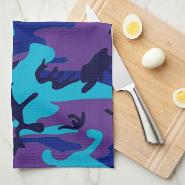 Hide Me Dark Blue and Purple Camouflage Pattern Tea Towel (Quarter Fold)