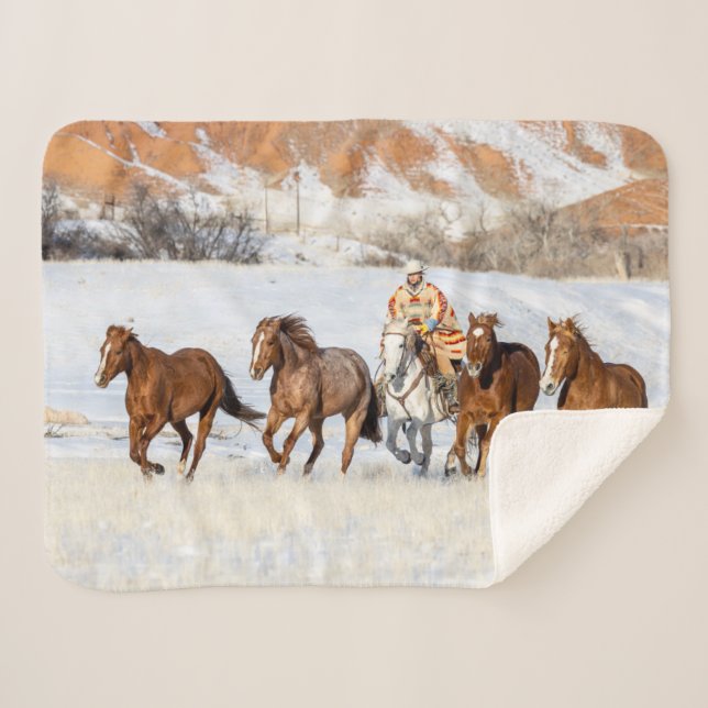 Hideout Horse Ranch, Wrangler and Horses Sherpa Blanket (Front (Horizontal))