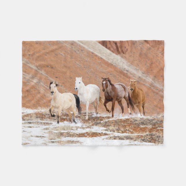 Hideout Ranch with Small Herd of Horses in Snow Fleece Blanket (Front (Horizontal))