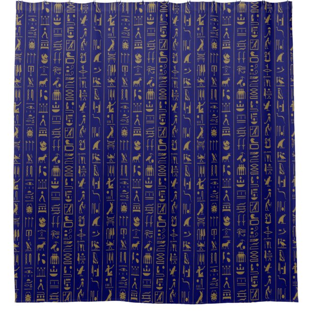 Hieroglyphs Golden On Blue Shower Curtain (Front)