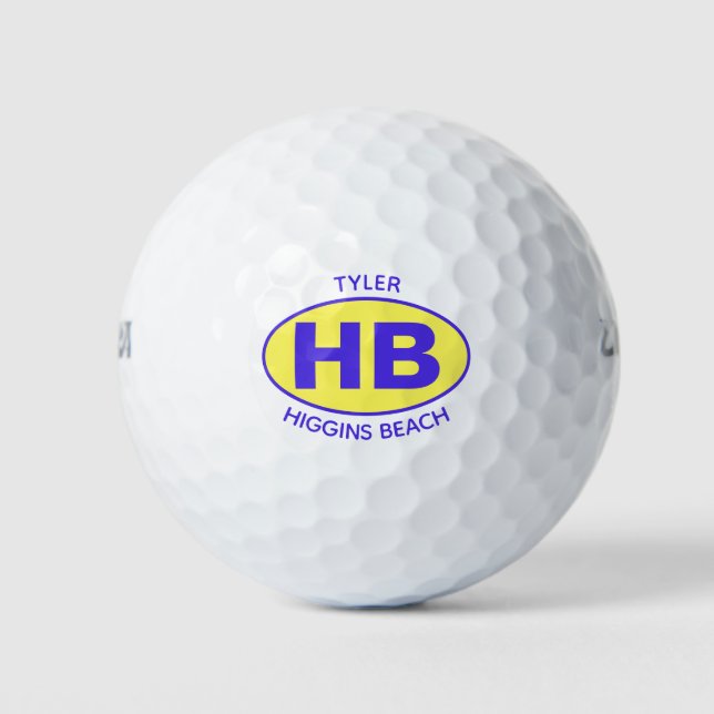 Higgins Beach Oval Blue Yellow Personalised Golf Balls (Front)