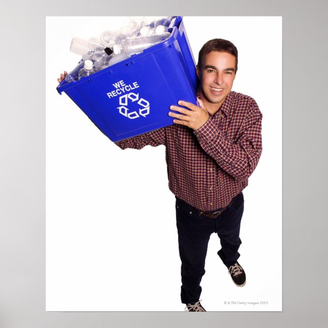 High angle of a man smiling while holding a poster (Front)