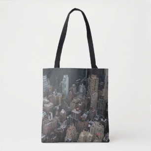 HIGH-ANGLE PHOTOGRAPHY OF CITY BUILDING S TOTE BAG