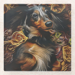 High Angle Portrait Of Dachshund Lying On Field Po Glass Coaster