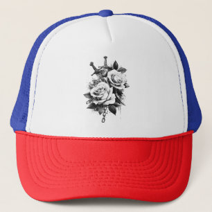 High-Contrast Black and White Tattoo Art Design Trucker Hat