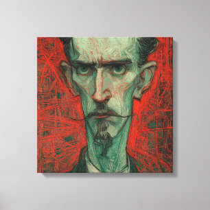 High Contrast Expressionist Portrait in Red and Gn Canvas Print