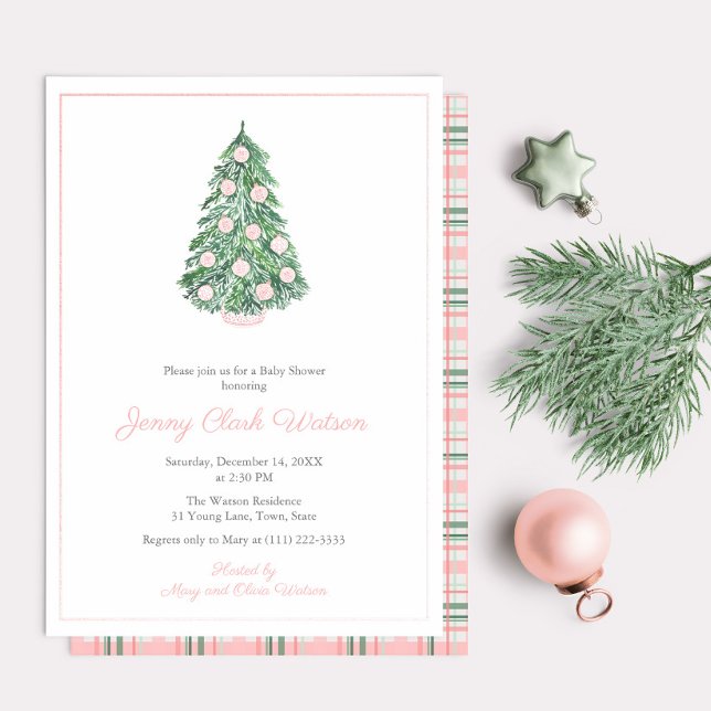 High End Pink Green Christmas Baby Shower For Girl (Refined Rose Gold And Pink Chinoiserie Holidays Tree Baby Shower For Girl Invitation)