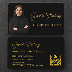 High End Real Estate Black Gold QR Code Business Card