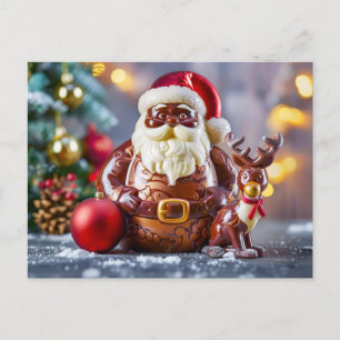 High-Figure Chocolate Santa with Reindeer Holiday Postcard