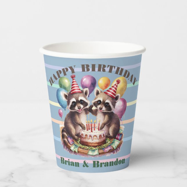 high five birthday party twins mapache baby racoon paper cups (Front)