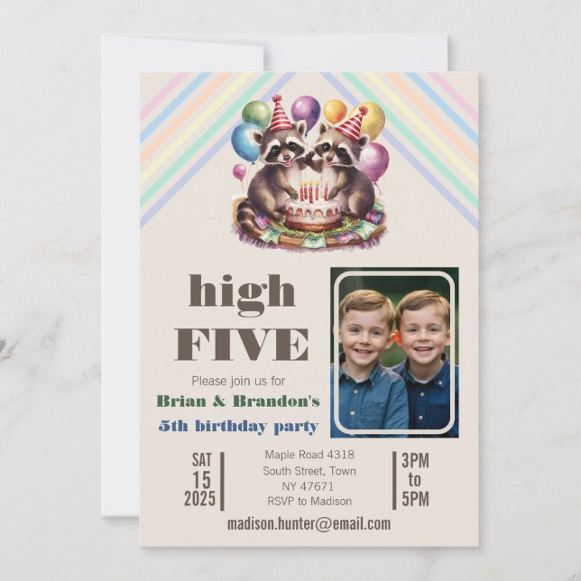 high five birthday party twins mapache theme photo announcement (Front)