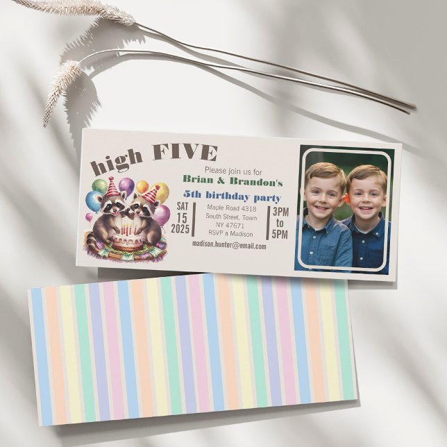 high five birthday party twins mapache theme photo invitation (Creator Uploaded)
