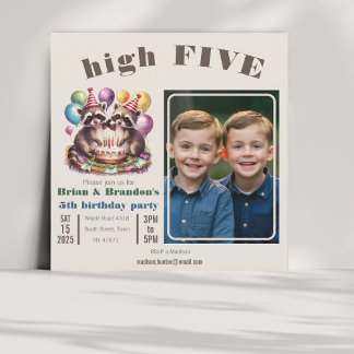 high five birthday party twins mapache theme photo invitation
